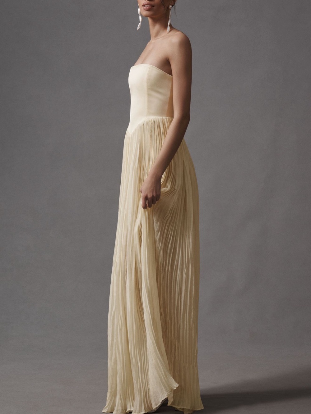 Lourdes Strapless Cream Pleated Evening Gown - Picture 2 of 5